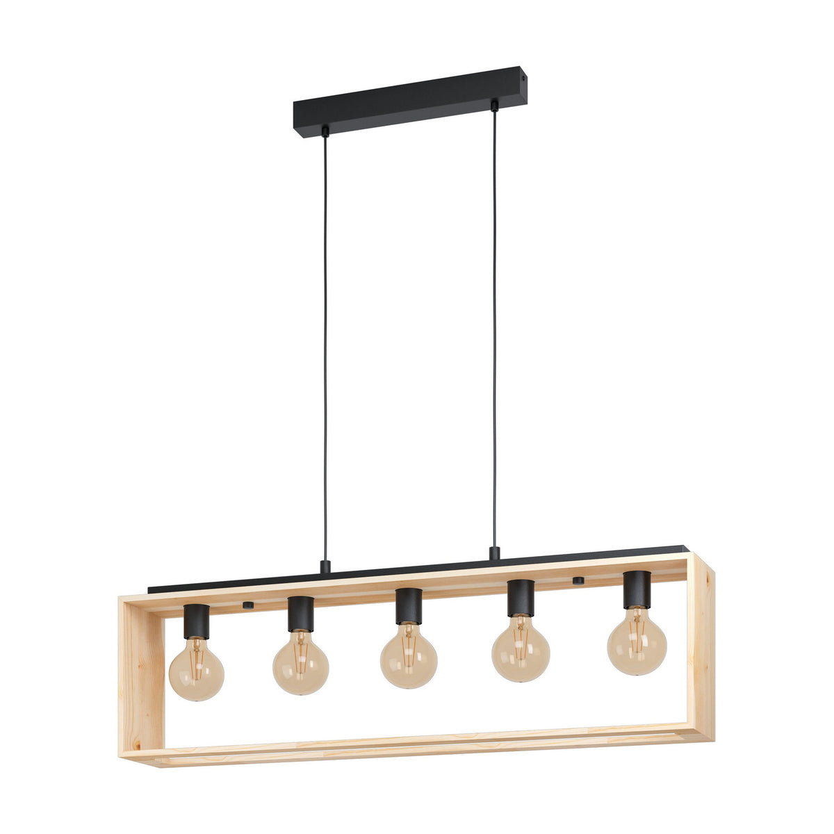 Vonelle Linear Pendant Light with a black steel bar and open rectangular natural wood frame holding five black E27 lampholders with exposed bulbs, shown on a plain white background.