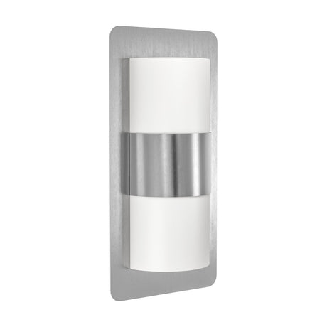 Vonvena outdoor wall light with a rounded stainless steel backplate and curved white plastic shade split by a steel band, shown on a plain white background.