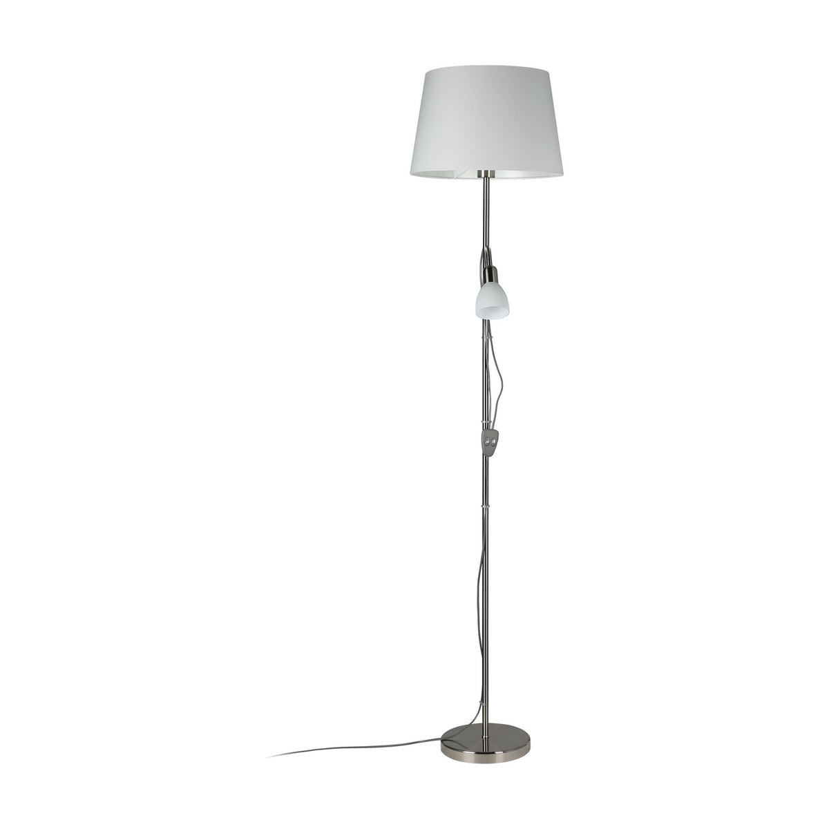 Vorbine Mother and Child floor lamp in satin nickel, slim steel stem with round base, white tapered fabric shade and smaller white glass shade on a gooseneck arm, shown on a plain white background.