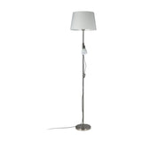 Vorbine Mother and Child floor lamp in satin nickel, slim steel stem with round base, white tapered fabric shade and smaller white glass shade on a gooseneck arm, shown on a plain white background.
