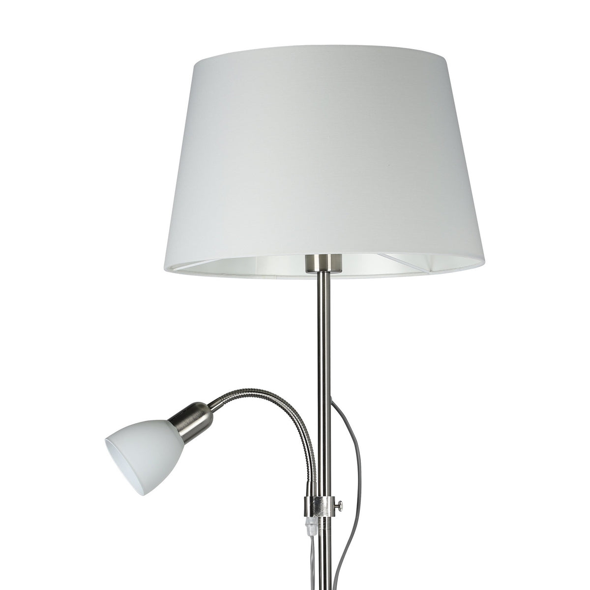 Vorbine Mother and Child Floor Lamp in satin nickel with a white tapered fabric shade and a smaller white glass shade on a gooseneck arm, shown on a plain white background.