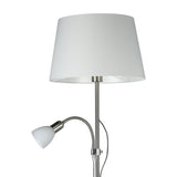 Vorbine Mother and Child Floor Lamp in satin nickel with a white tapered fabric shade and a smaller white glass shade on a gooseneck arm, shown on a plain white background.