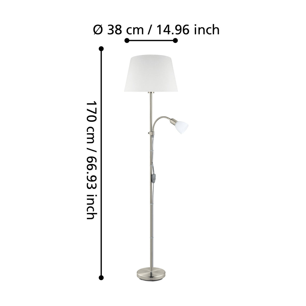 Vorbine mother and child floor lamp in satin nickel with a white tapered fabric shade and smaller gooseneck reading light, shown with dimensions 170cm high and 38cm diameter on a white background.