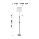 Vorbine mother and child floor lamp in satin nickel with a white tapered fabric shade and smaller gooseneck reading light, shown with dimensions 170cm high and 38cm diameter on a white background.