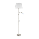 Vorbine mother and child floor lamp in satin nickel, with a tall steel stem, white tapered fabric shade, and a smaller white glass shade on a gooseneck arm, round base, on a plain white background.