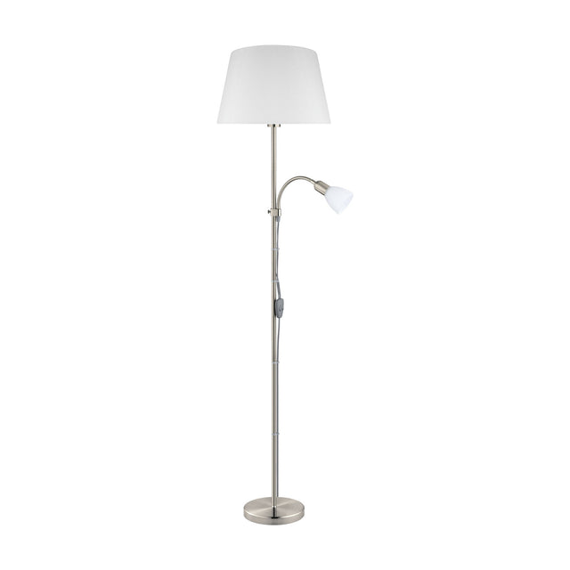 Vorbine mother and child floor lamp in satin nickel, with a tall steel stem, white tapered fabric shade, and a smaller white glass shade on a gooseneck arm, round base, on a plain white background.
