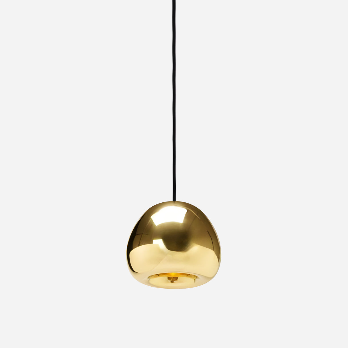 The Gulf Mini Glass Pendant Light - Brass showcases a smooth, rounded design with a sleek, modern aesthetic, suspended from a black cord against a plain white backdrop.
