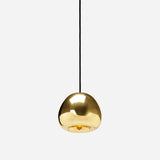 The Gulf Mini Glass Pendant Light - Brass showcases a smooth, rounded design with a sleek, modern aesthetic, suspended from a black cord against a plain white backdrop.