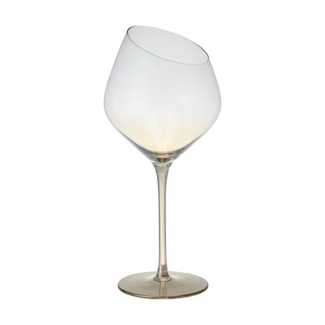 Vrede Red Wine Glass in Amber, featuring a clear bowl with a slanted rim and amber tint fading into the slender stem and round foot, shown on a plain white background.