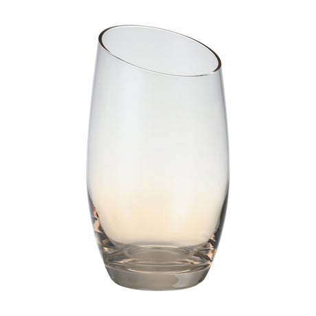 Vrede Water Glass 14.2cm in amber, a tumbler with a slanted rim, smooth rounded body, and thick clear base, shown against a plain white background.