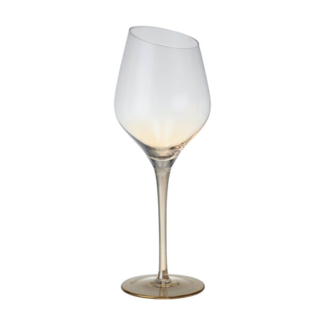 Vrede White Wine Glass in Amber, featuring a slanted rim, clear bowl warming to amber at the base, and a tall slender stem with a round amber-tinted foot, shown on a plain white background.