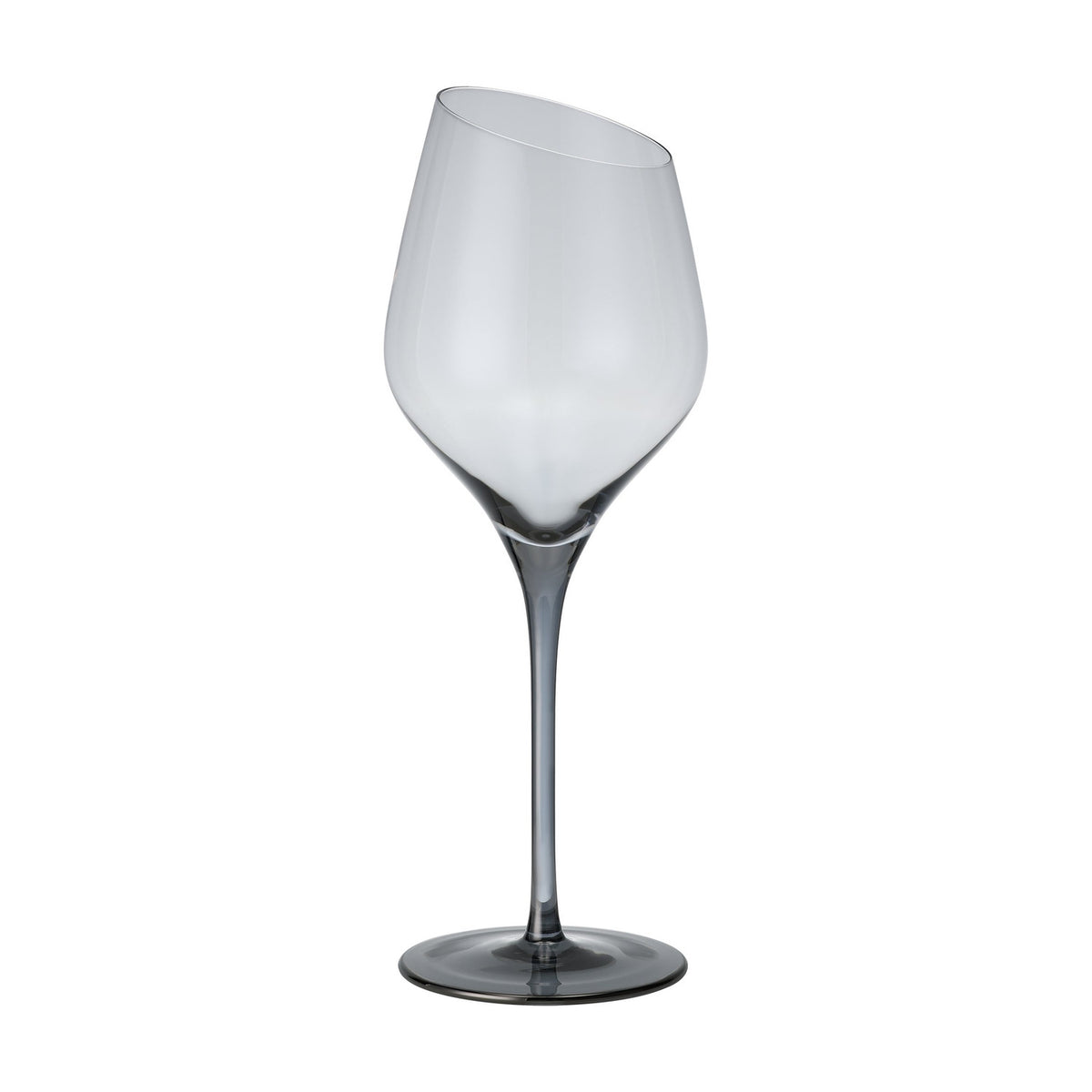 Vrede White Wine Glass, a stemmed glass with an angled slanted rim, smoke-tinted bowl, and long slender stem deepening to a darker grey foot, shown on a plain white background.