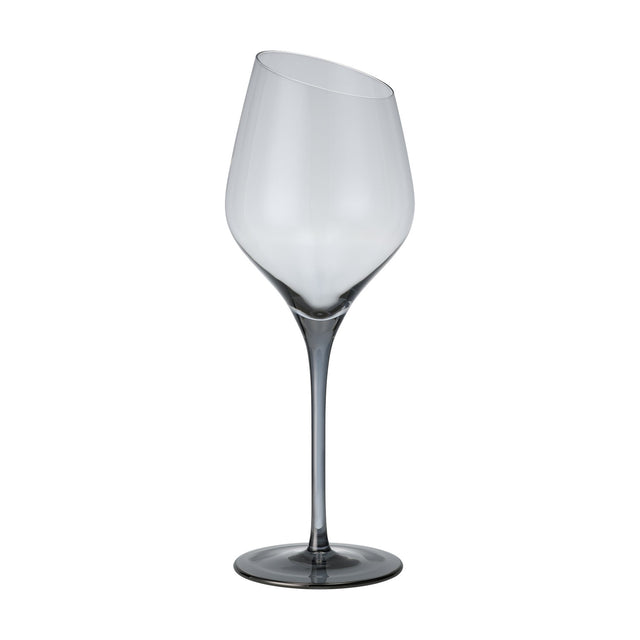 Vrede White Wine Glass, a stemmed glass with an angled slanted rim, smoke-tinted bowl, and long slender stem deepening to a darker grey foot, shown on a plain white background.