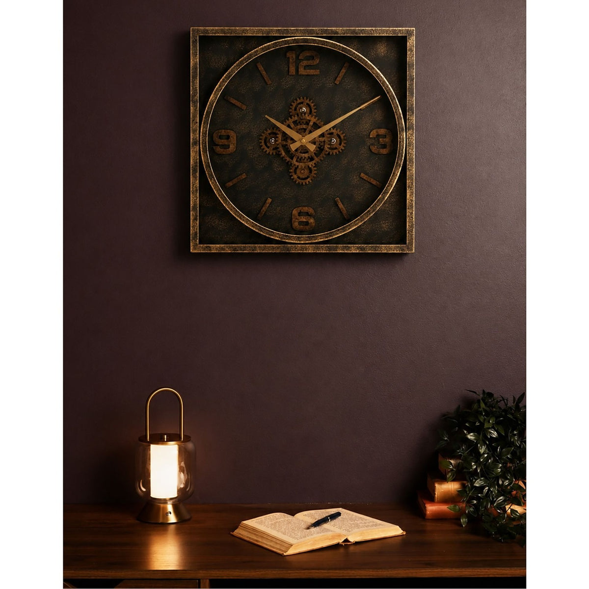 Distressed Square Moving Gear Wall Clock 48cm - Gold & Black