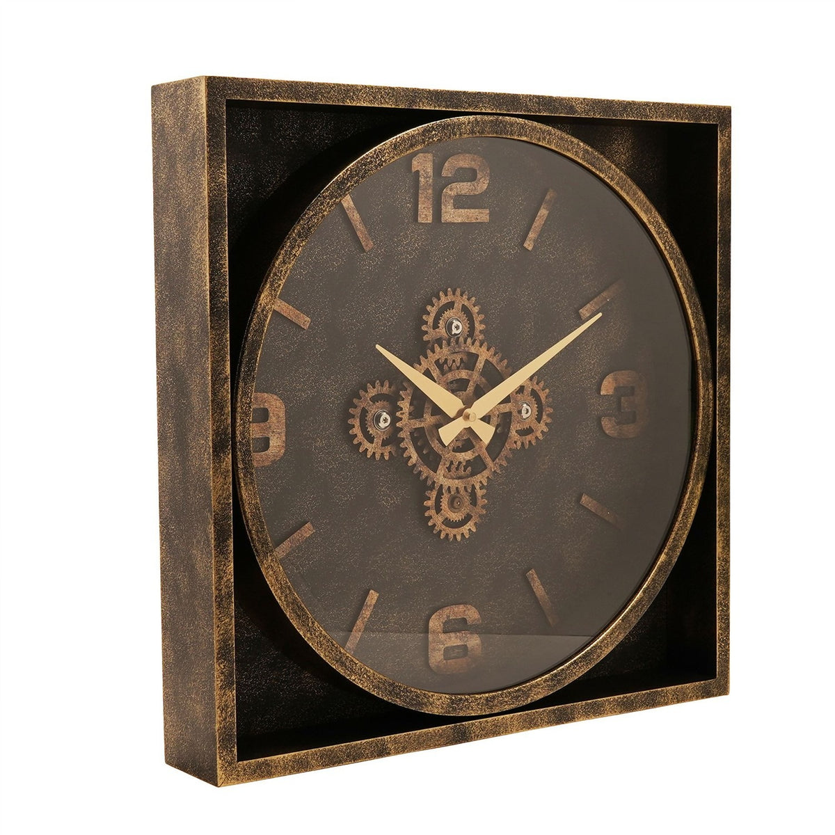 Distressed Square Moving Gear Wall Clock 48cm - Gold & Black