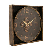 Distressed Square Moving Gear Wall Clock 48cm - Gold & Black