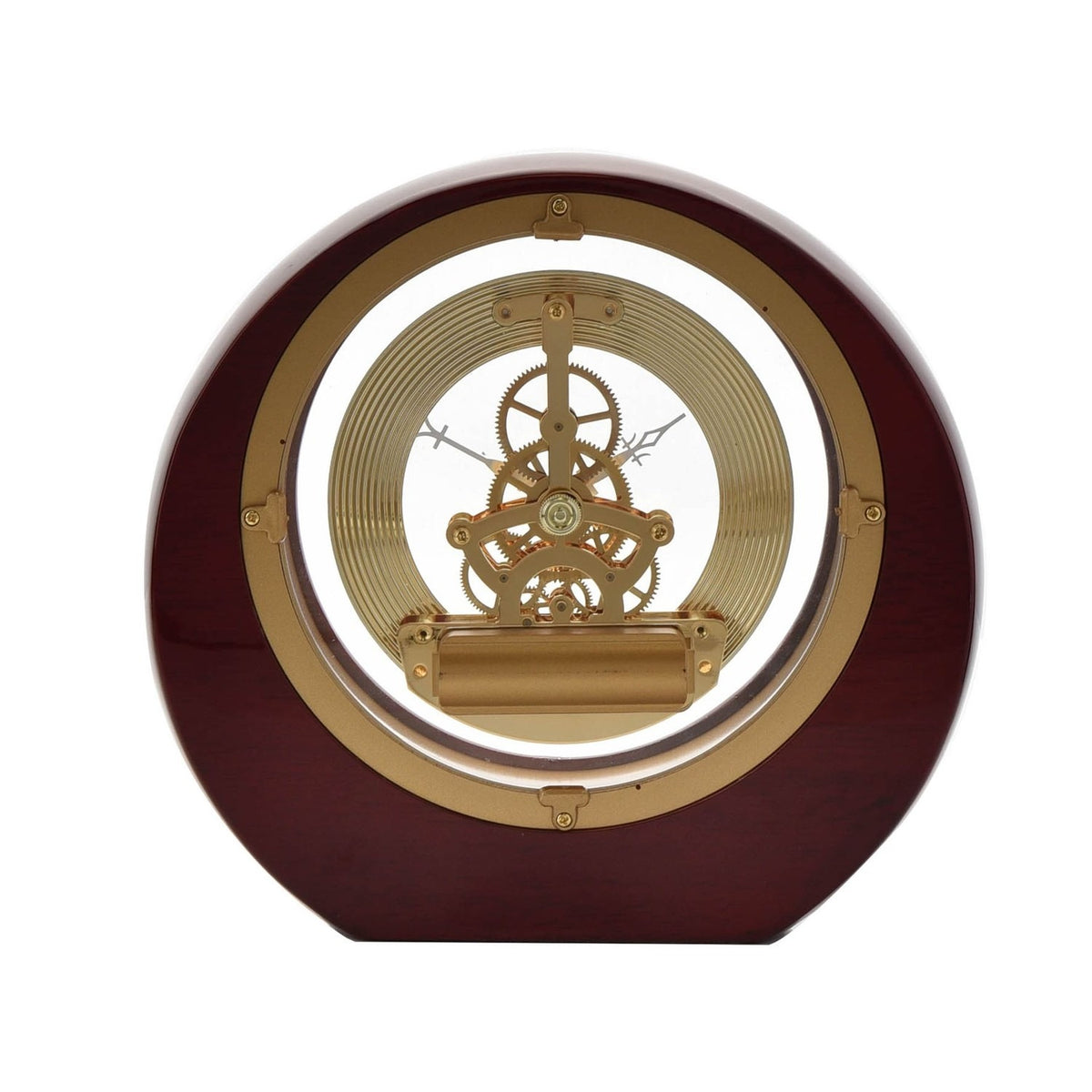 Round mantel clock with mahogany piano gloss wood case and open gold-tone skeleton movement visible through the centre, gear hands, on a plain white background.