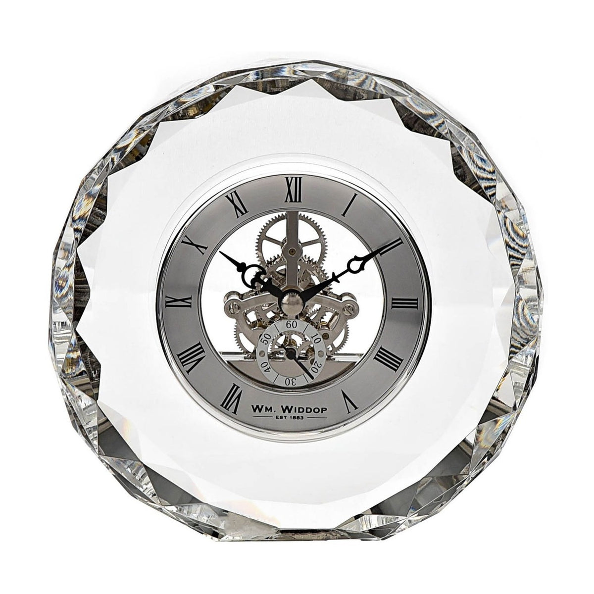 Round K9 Crystal Mantel Clock with Skeleton Roman Dial - Clear