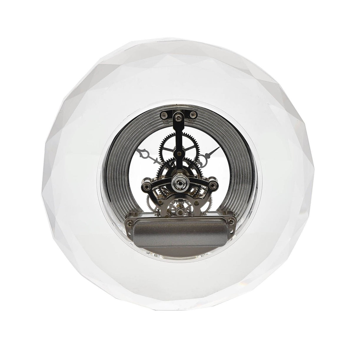 Round K9 Crystal Mantel Clock with Skeleton Roman Dial - Clear