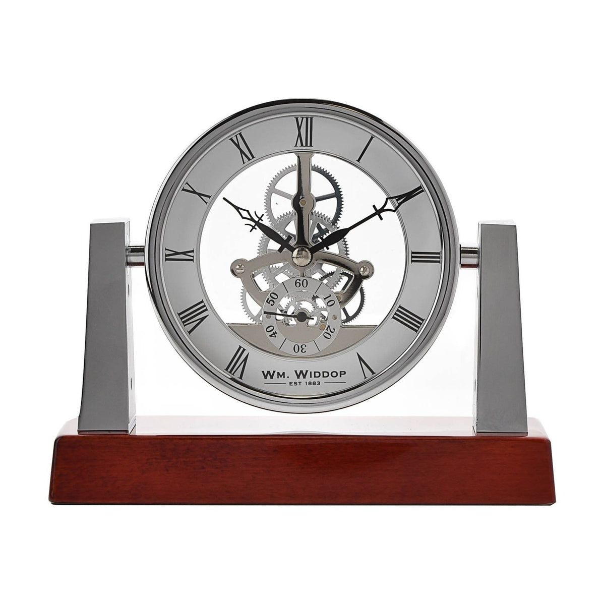 Searchlight Style Mantel Clock with Skeleton Movement - Silver