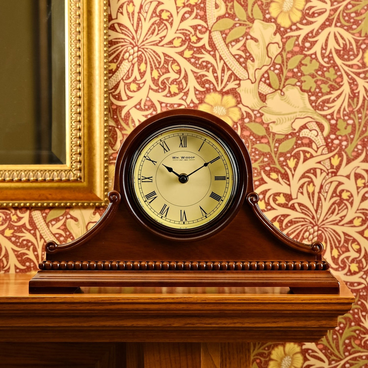 Beaded Wooden Napoleon Mantel Clock with Roman Dial - Brown