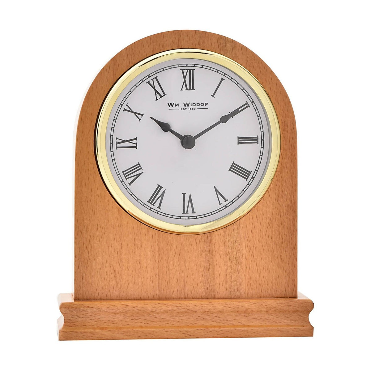 Arched oak mantel clock with rounded top and plinth base, featuring a white Roman numeral dial, gold-coloured bezel and black spade hands, shown on a plain white background.