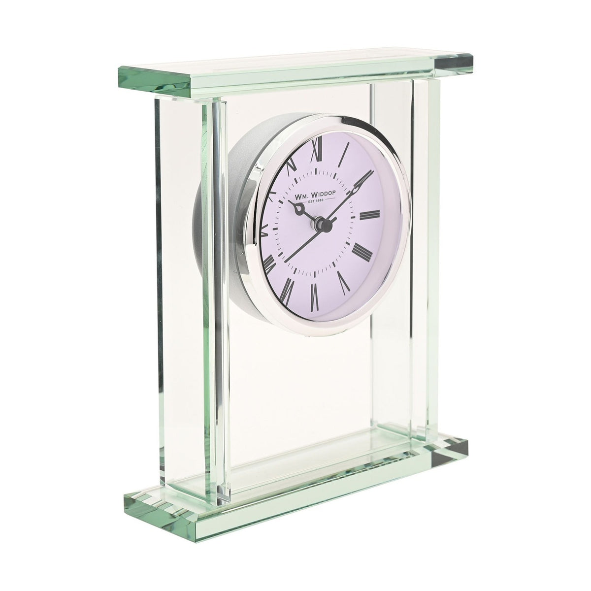 Glass Mantel Clock with Roman Dial and Silver Bezel - Clear