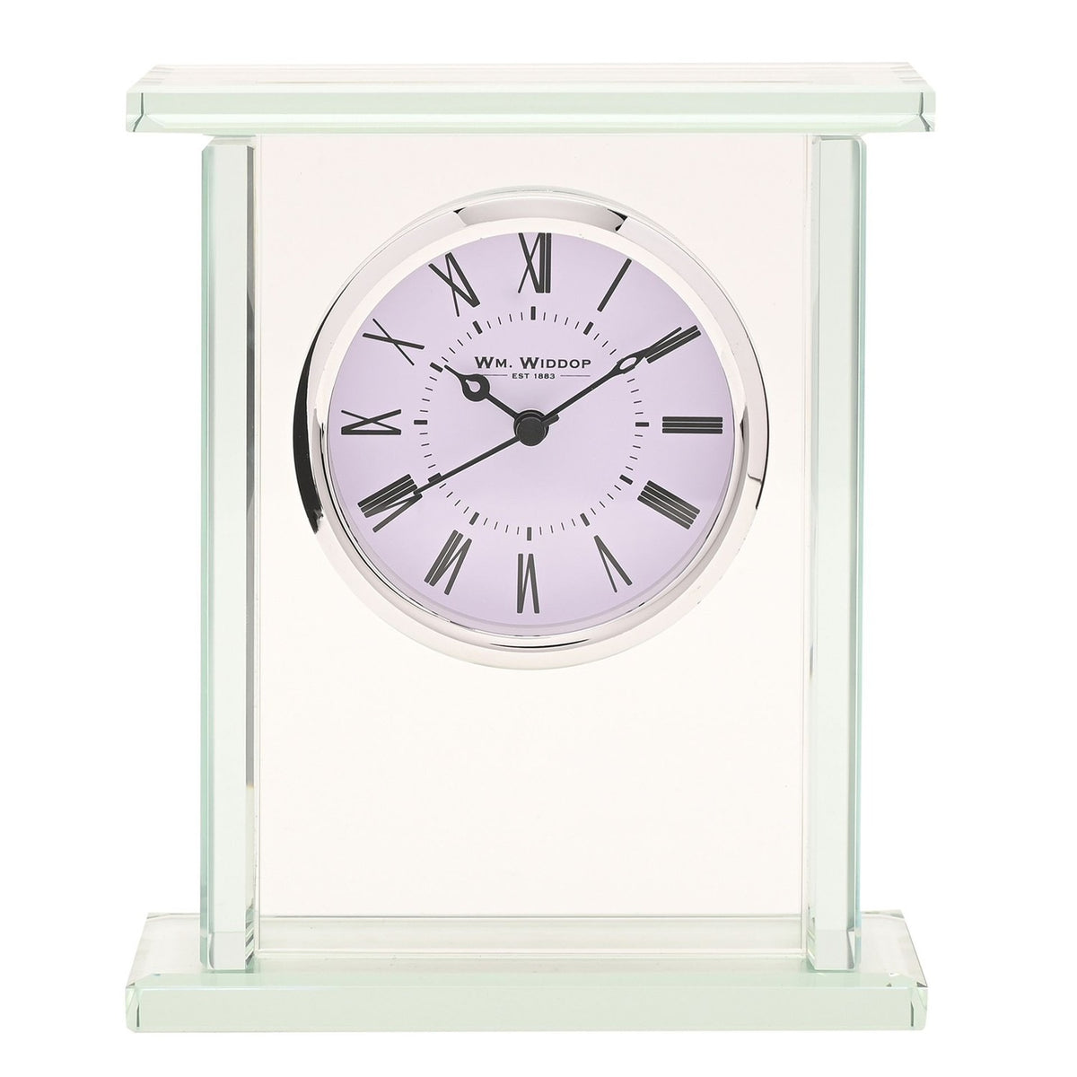Glass Mantel Clock with Roman Dial and Silver Bezel - Clear