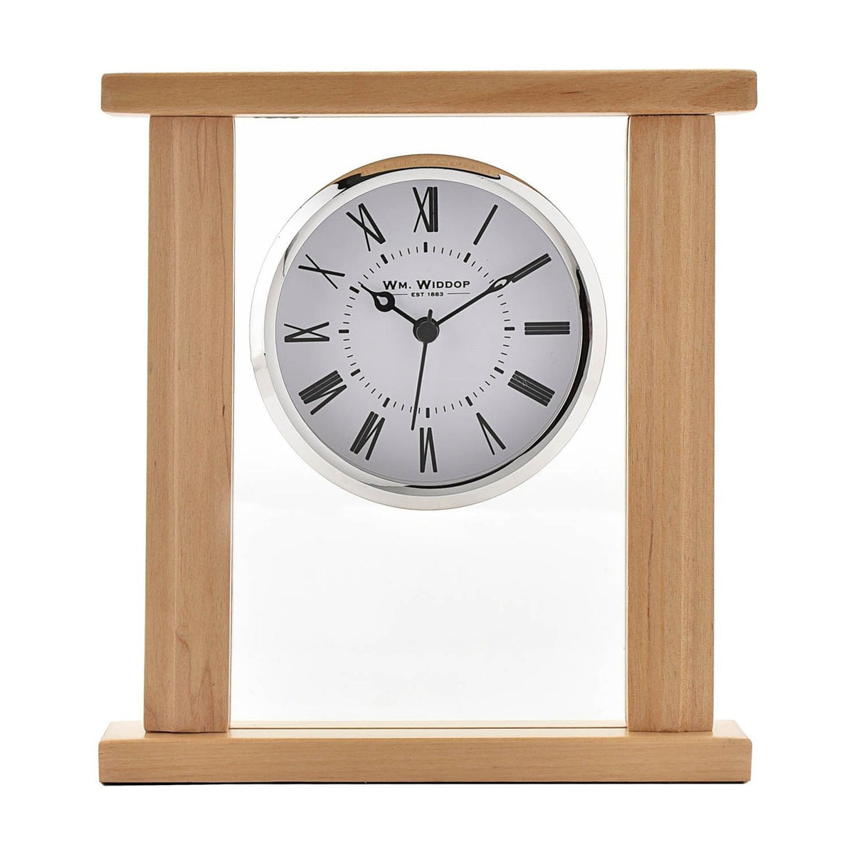 Roman Dial Wood & Glass Mantel Clock with Silver Bezel - Beech
