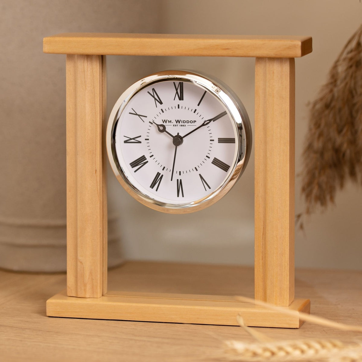 Roman Dial Wood & Glass Mantel Clock with Silver Bezel - Beech