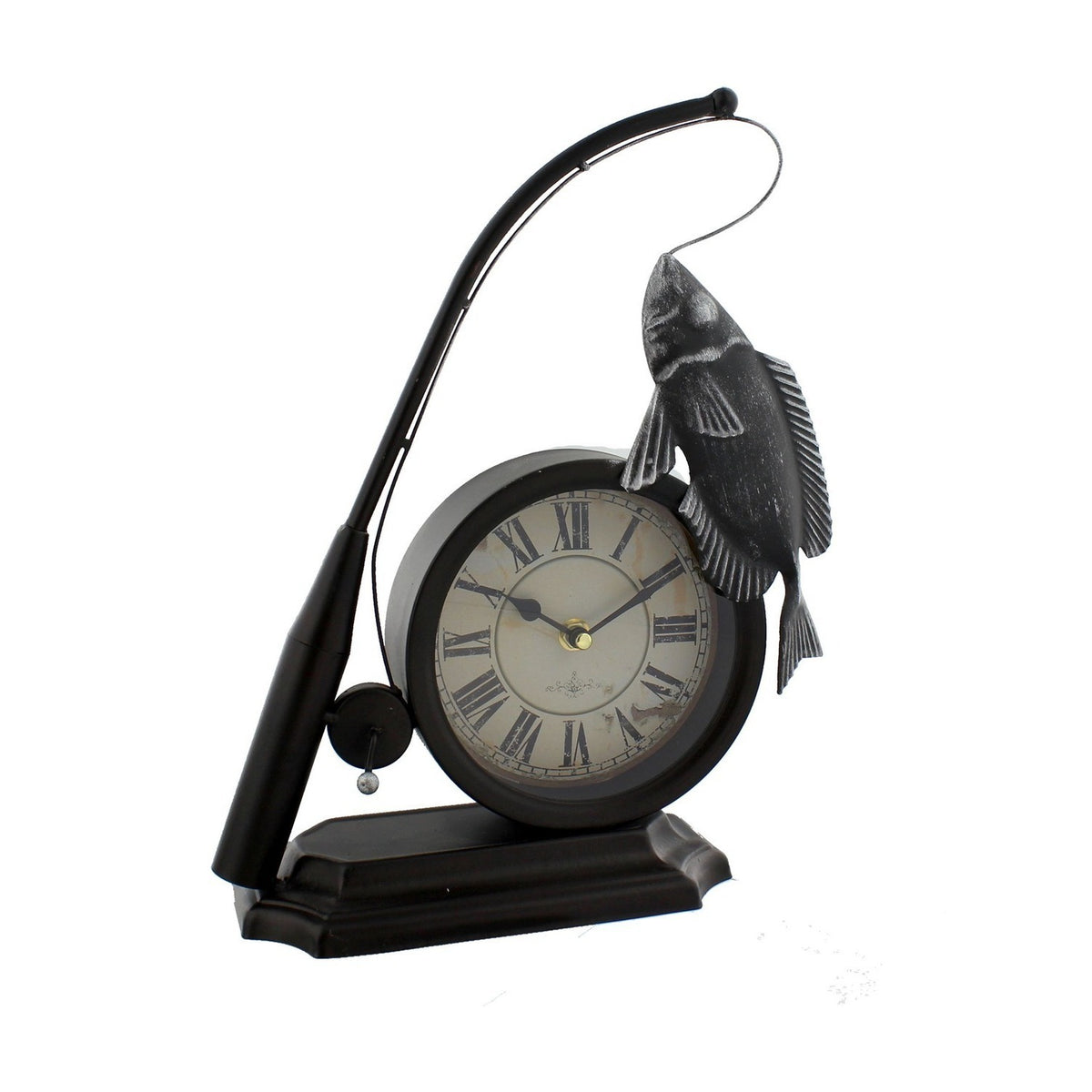 Fishing Rod & Fish Distressed Metal Mantel Clock - Black