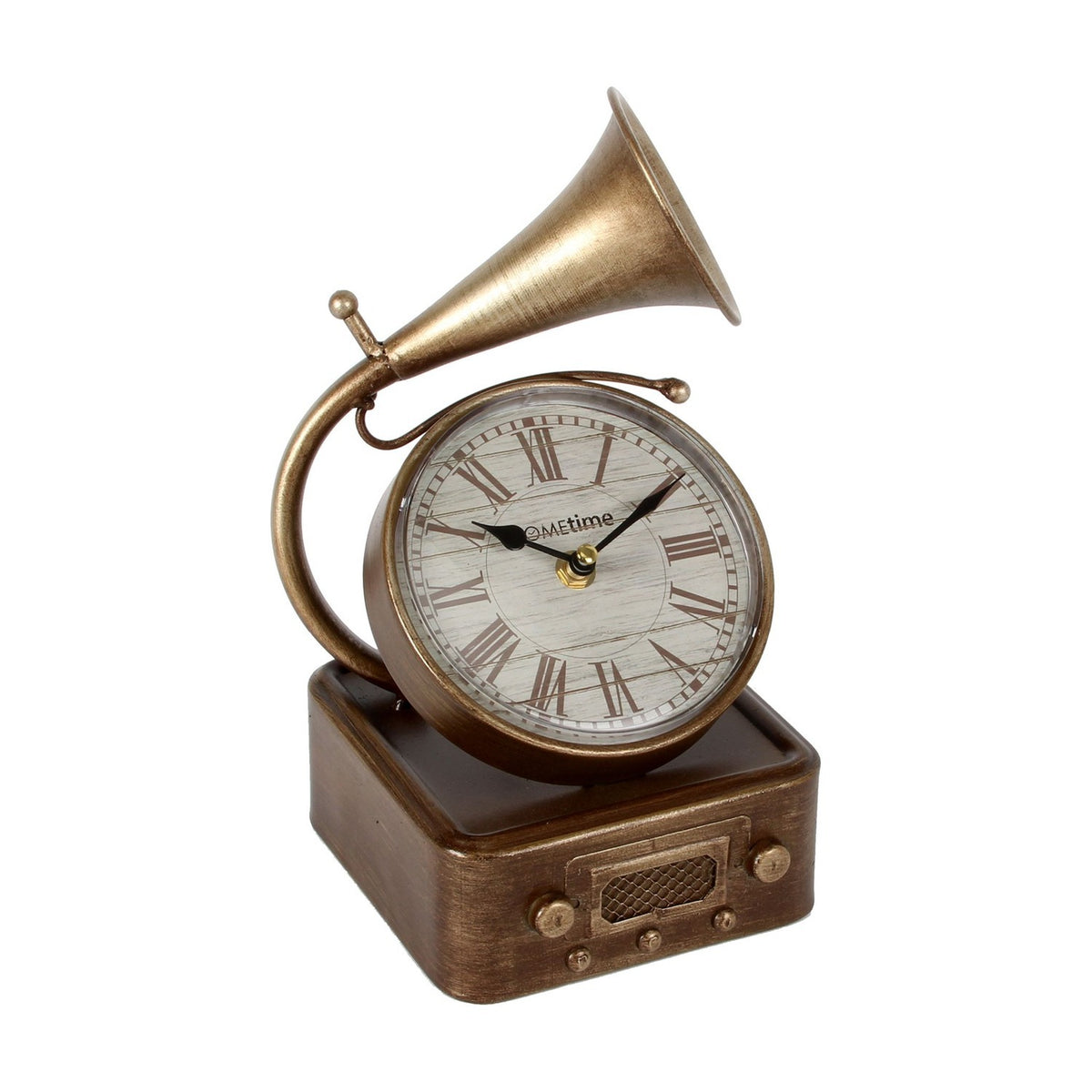 Gramophone Metal Mantel Clock with Roman Numerals - Antique Brass