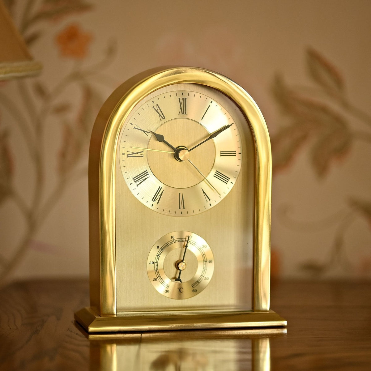 Arched Aluminium Case Mantel Clock with Thermometer - Gold