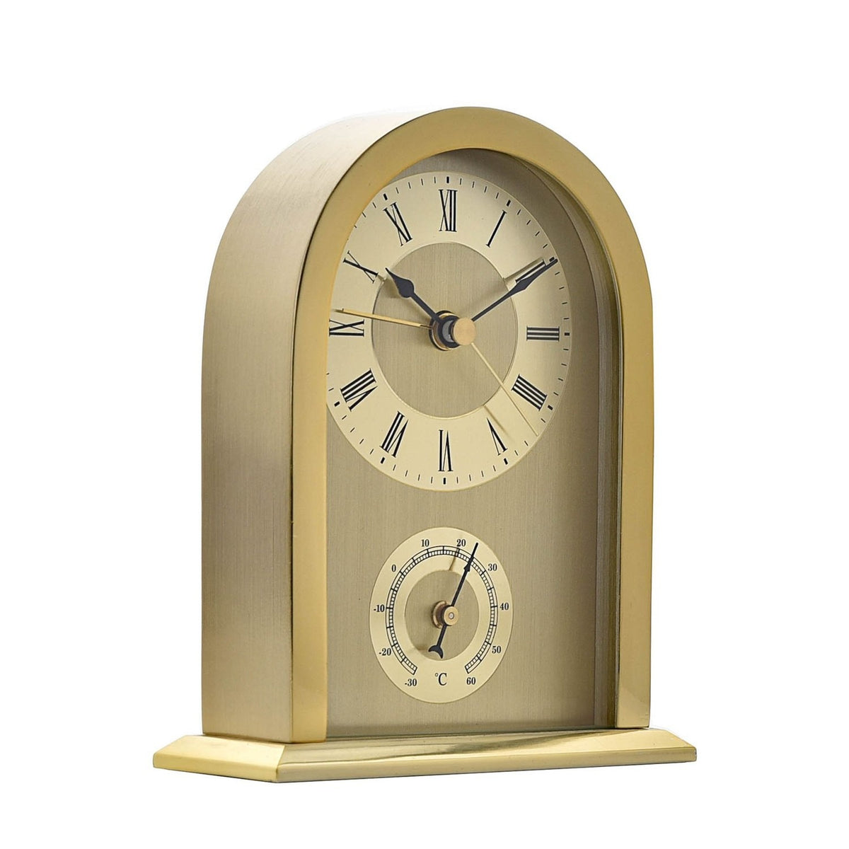 Arched Aluminium Case Mantel Clock with Thermometer - Gold