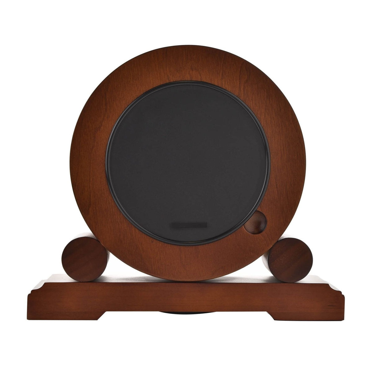 Westminster Barrel Mantel Clock in walnut finish, round case with dark clock face, twin ball feet, and wooden base, shown on a plain white background.