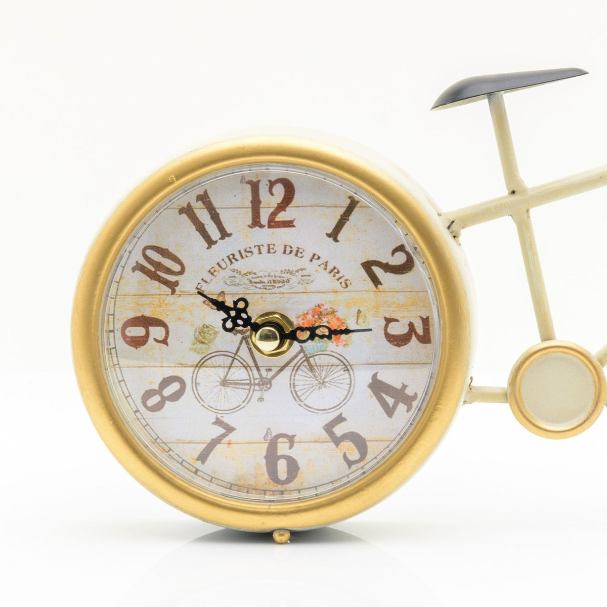 Vintage Bicycle Mantel Clock in gold and cream, round dial with Arabic numerals and bicycle motif set as the rear wheel, distressed finish, shown on a plain white background.