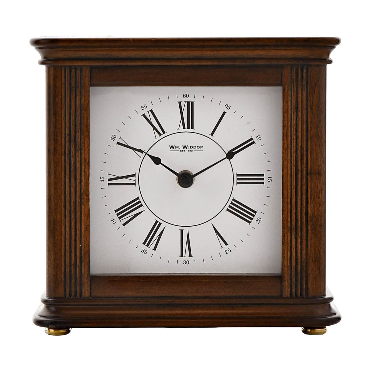 Square Westminster chime mantel clock in walnut effect case with fluted side columns, white dial, black Roman numerals, and spade hands, on a plain white background.