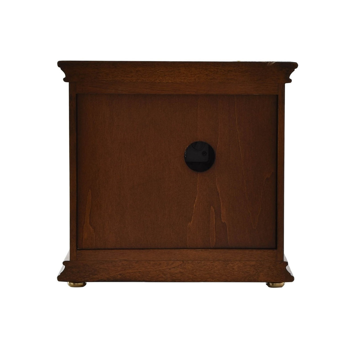 Rear view of the Square Walnut Effect Westminster Chime Mantel Clock, showing a brown wood-effect case back panel with central time-setting knob and brass bun feet, on a plain white background.