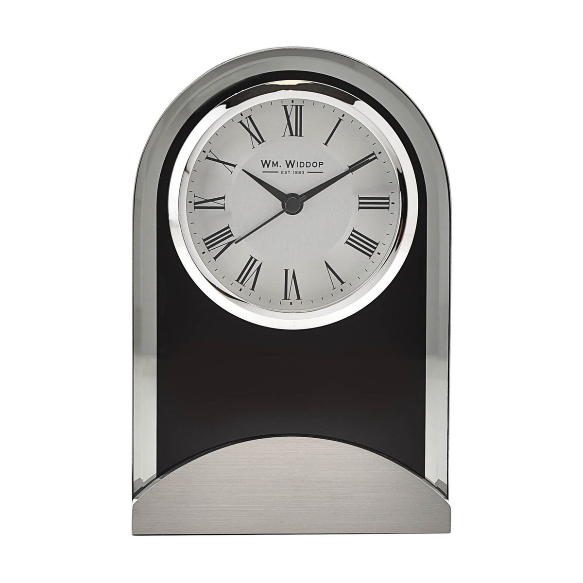 Arched mantel clock with black glass panel and bevelled edge, round silver bezel, Roman numeral dial, and brushed aluminium base, on a plain white background.