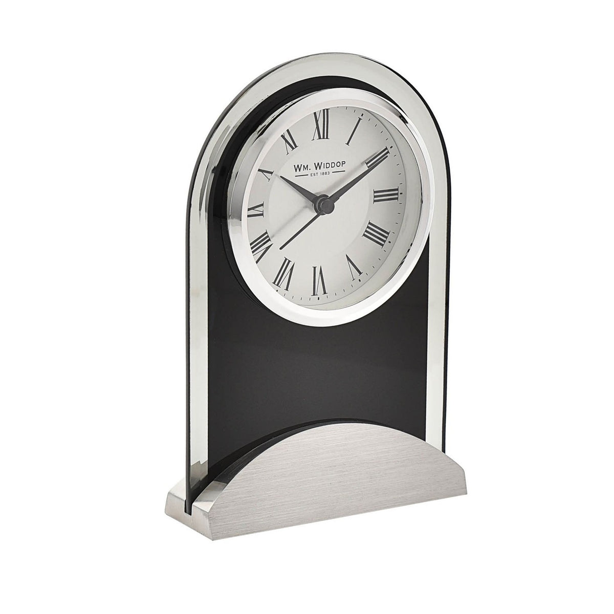 Arched mantel clock with black glass panel and bevelled edge, round silver bezel, white Roman numeral dial, and brushed aluminium base, shown on a plain white background.