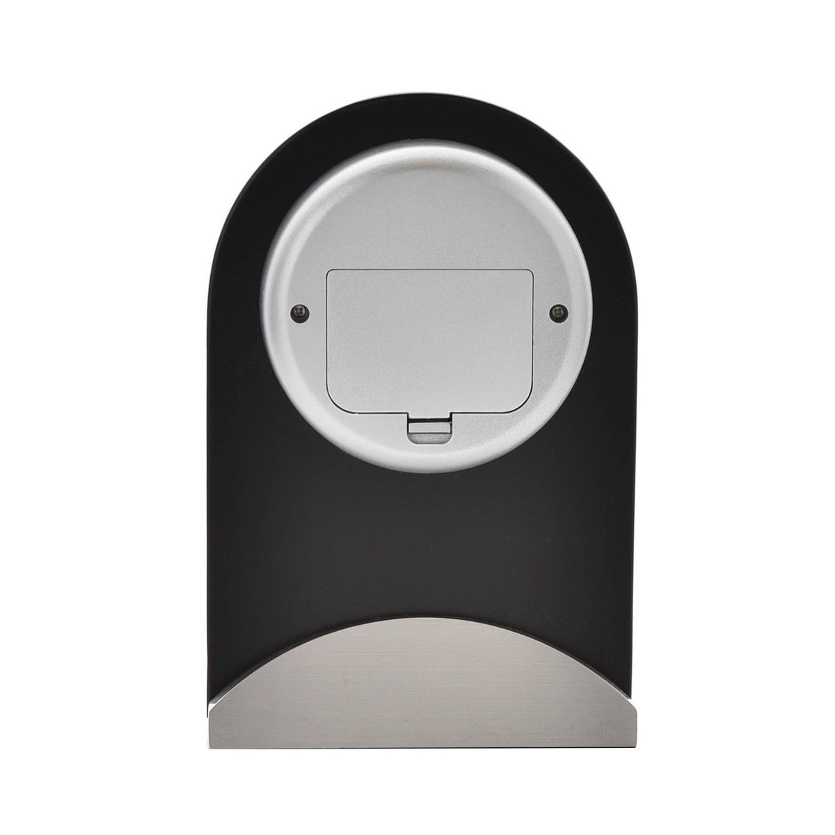 Rear view of the Arched Glass Panel Mantel Clock showing its silver battery compartment, black arched glass body, and brushed aluminium base on a white background.