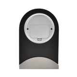Rear view of the Arched Glass Panel Mantel Clock showing its silver battery compartment, black arched glass body, and brushed aluminium base on a white background.