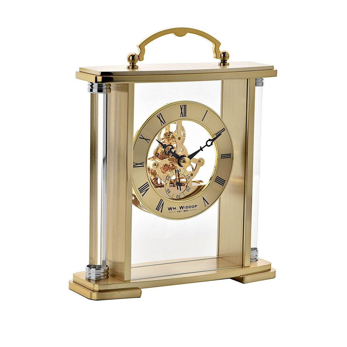Skeleton Movement Roman Dial Mantel Clock with Handle - Gold