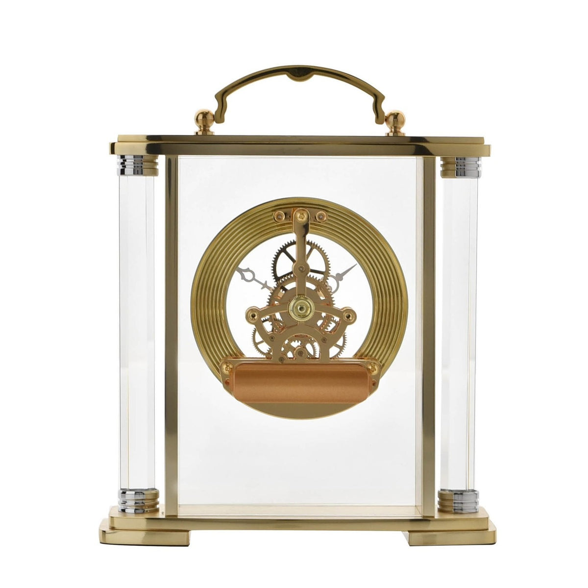 Skeleton Movement Roman Dial Mantel Clock with Handle - Gold