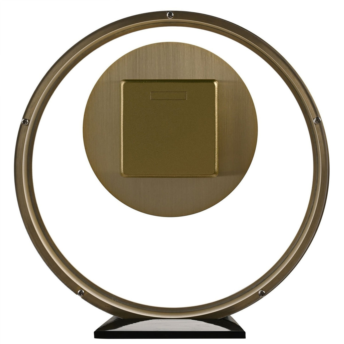 Round metal mantel clock in a gold finish, featuring a slim open ring frame with a solid gold dial centred inside, set on a black base against a plain white background.