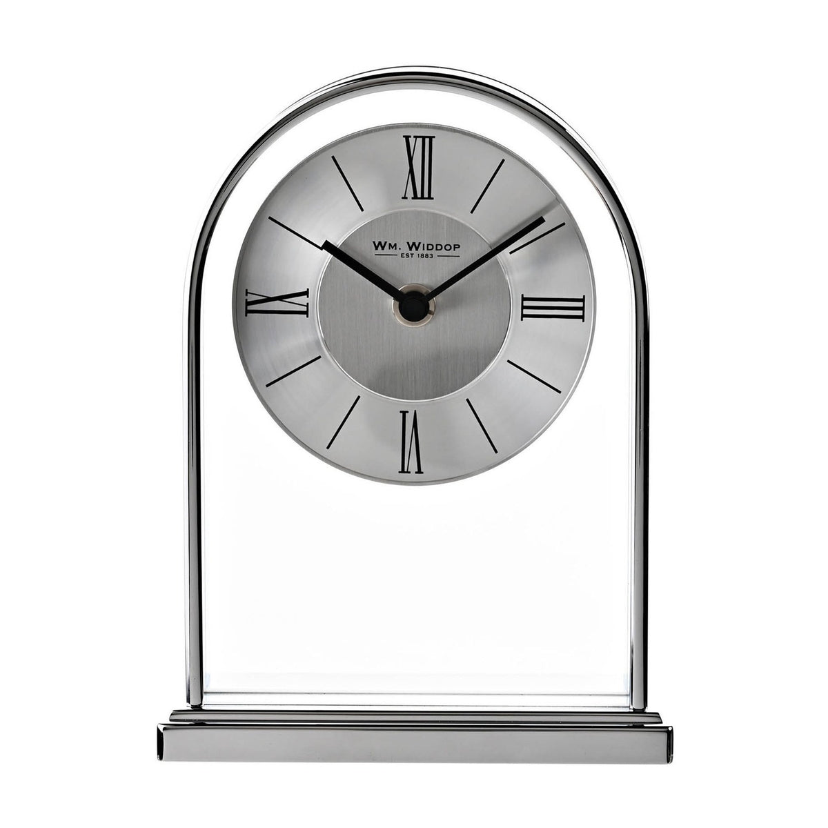 Arched Roman Dial Chrome & Wood Veneer Mantel Clock - Silver