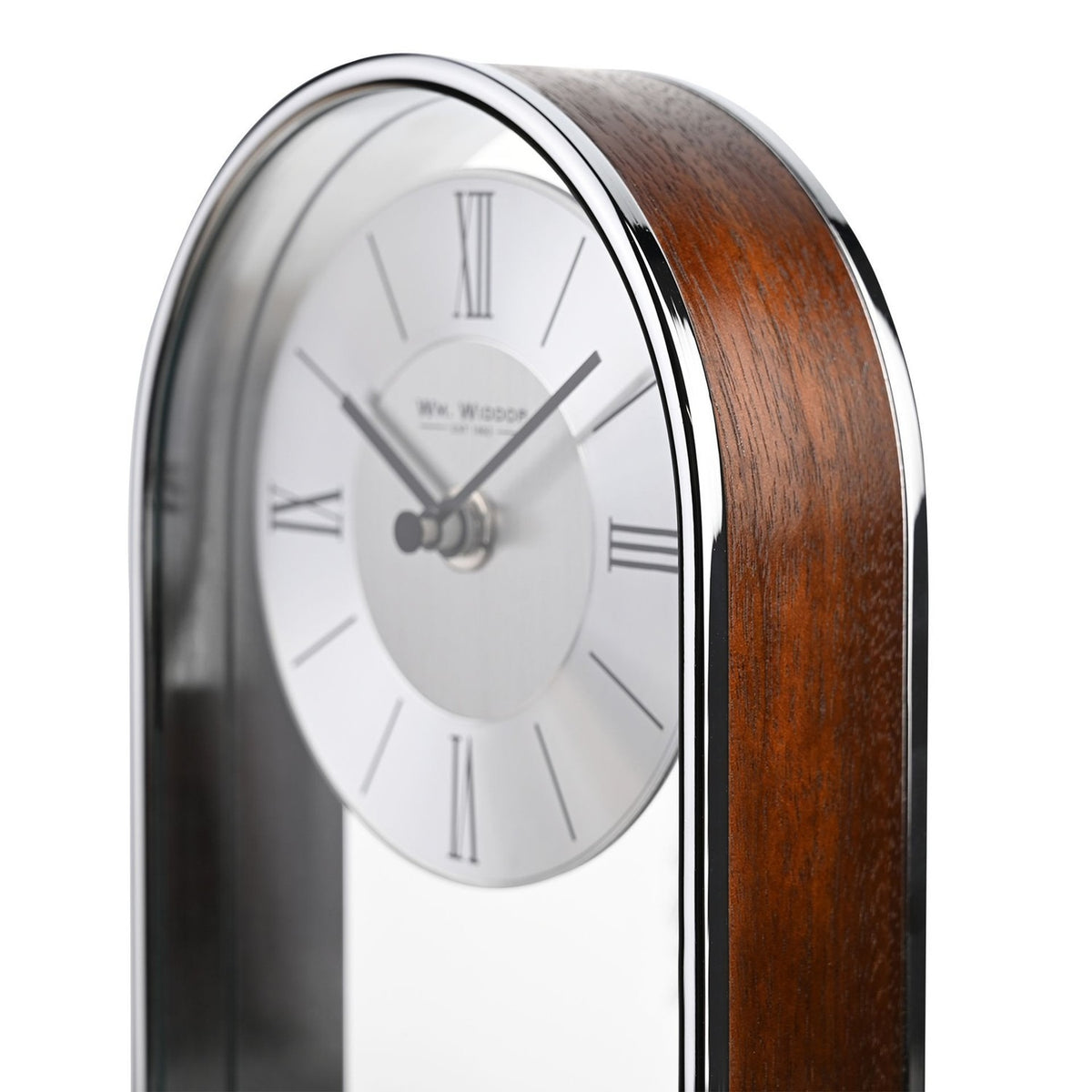 Arched Roman Dial Chrome & Wood Veneer Mantel Clock - Silver