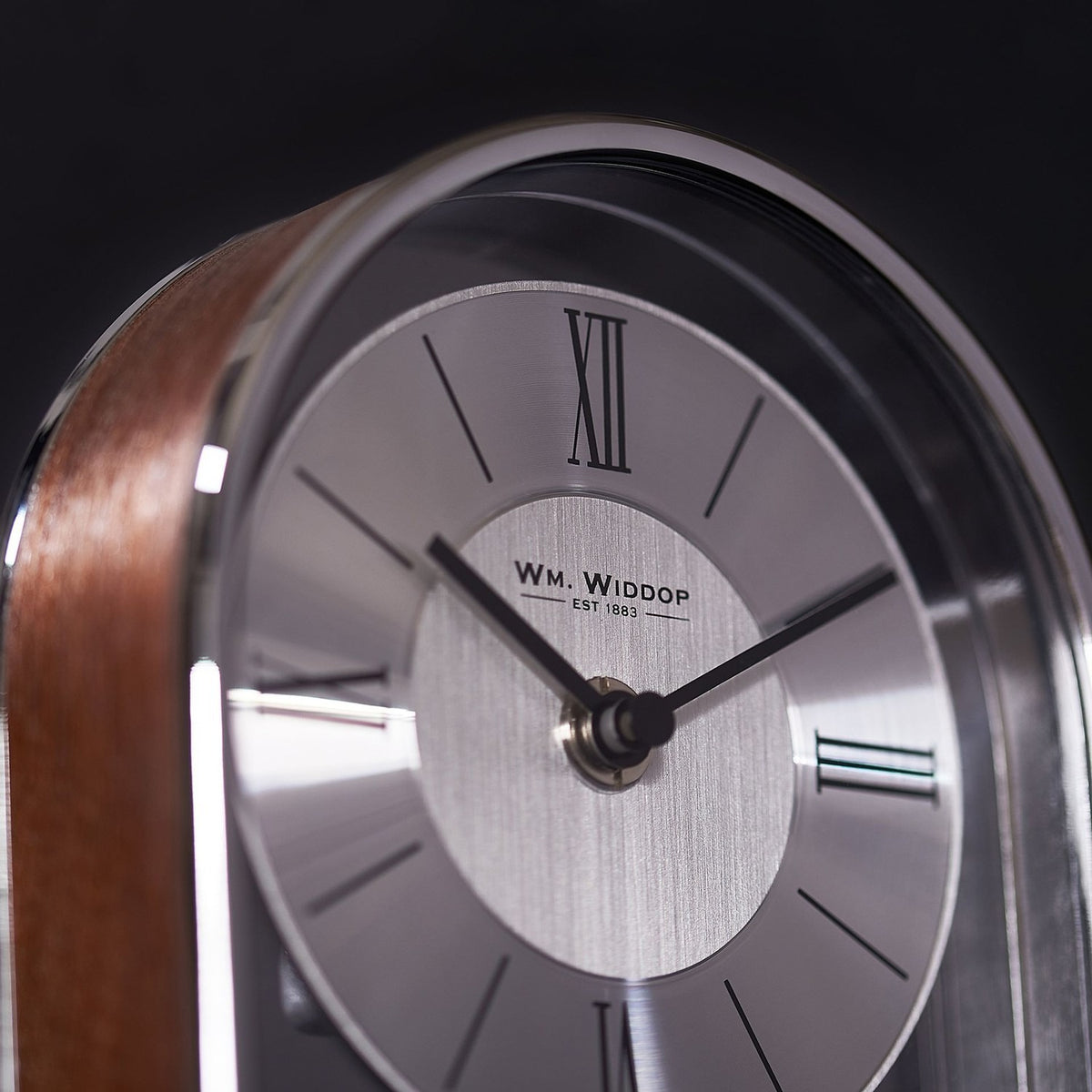 Arched Roman Dial Chrome & Wood Veneer Mantel Clock - Silver