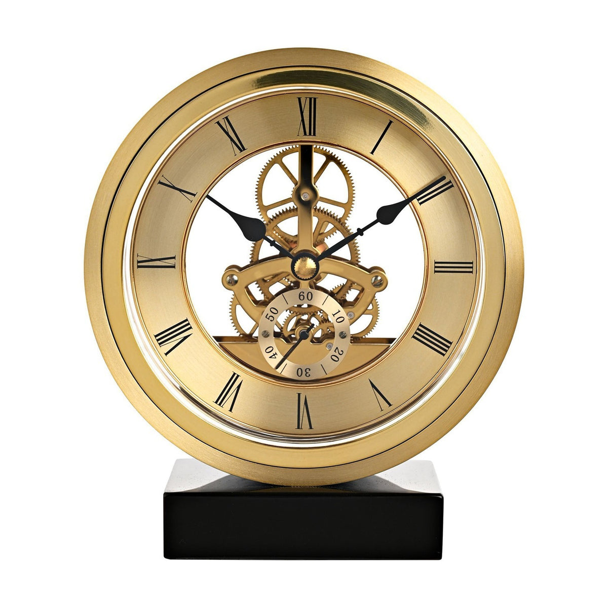 Round Skeleton Mantel Clock on Base with Roman Dial - Gold