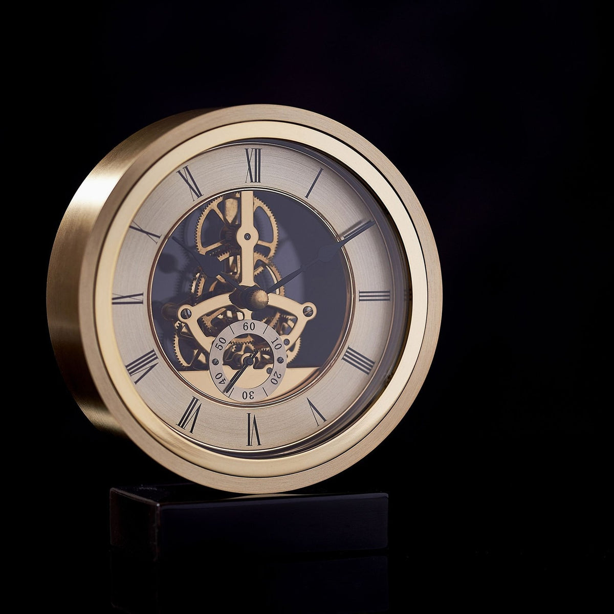 Round Skeleton Mantel Clock on Base with Roman Dial - Gold